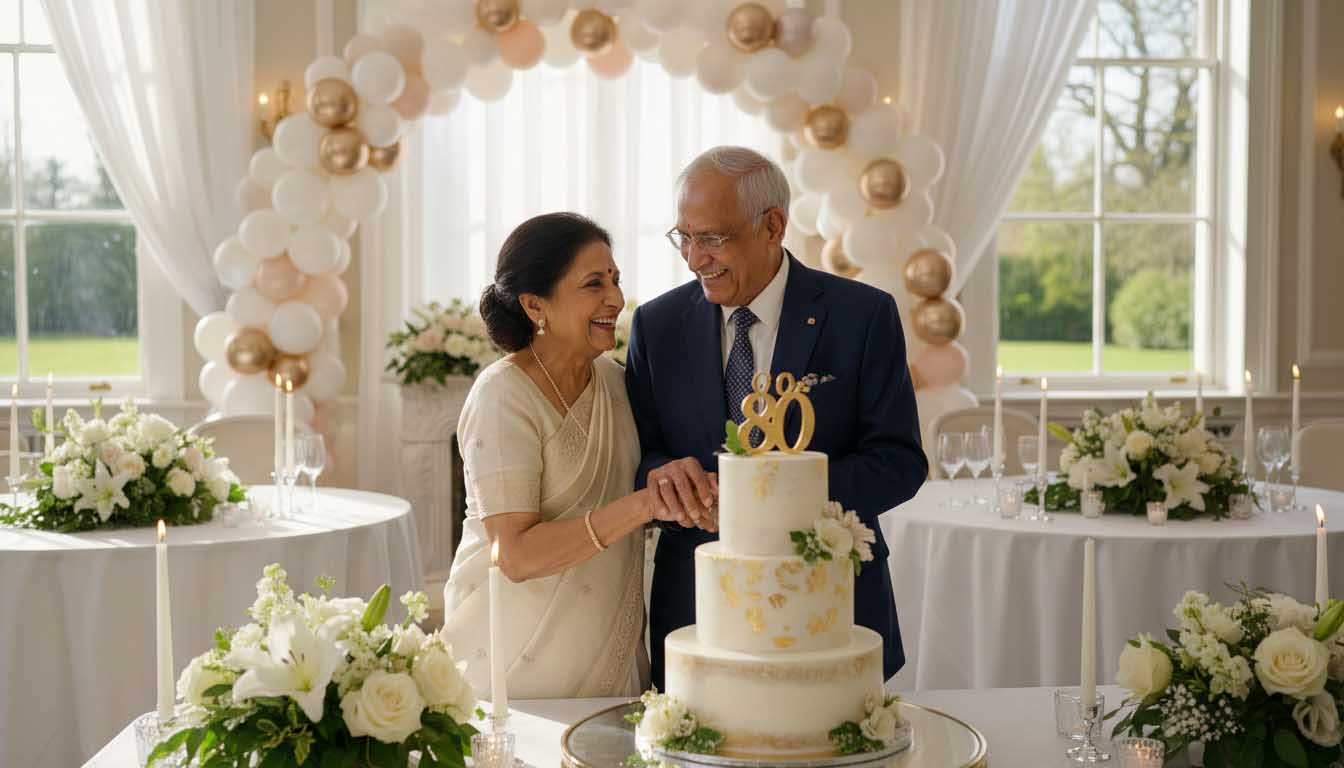 Elegant 80th birthday celebration setup in Chennai venue with traditional decorations and budget-friendly arrangements