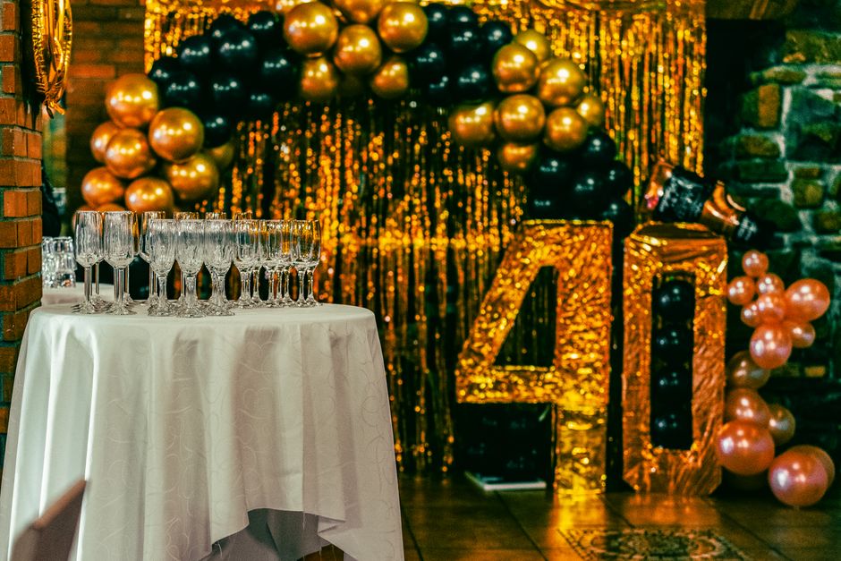 Elegant 40th birthday celebration setup with decorations and cake in Chennai venue