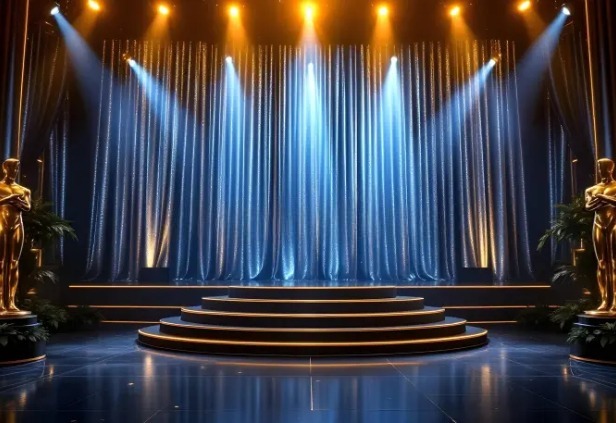 Elegant award ceremony stage setup for affordable award ceremony planning Chennai with golden trophies and spotlights