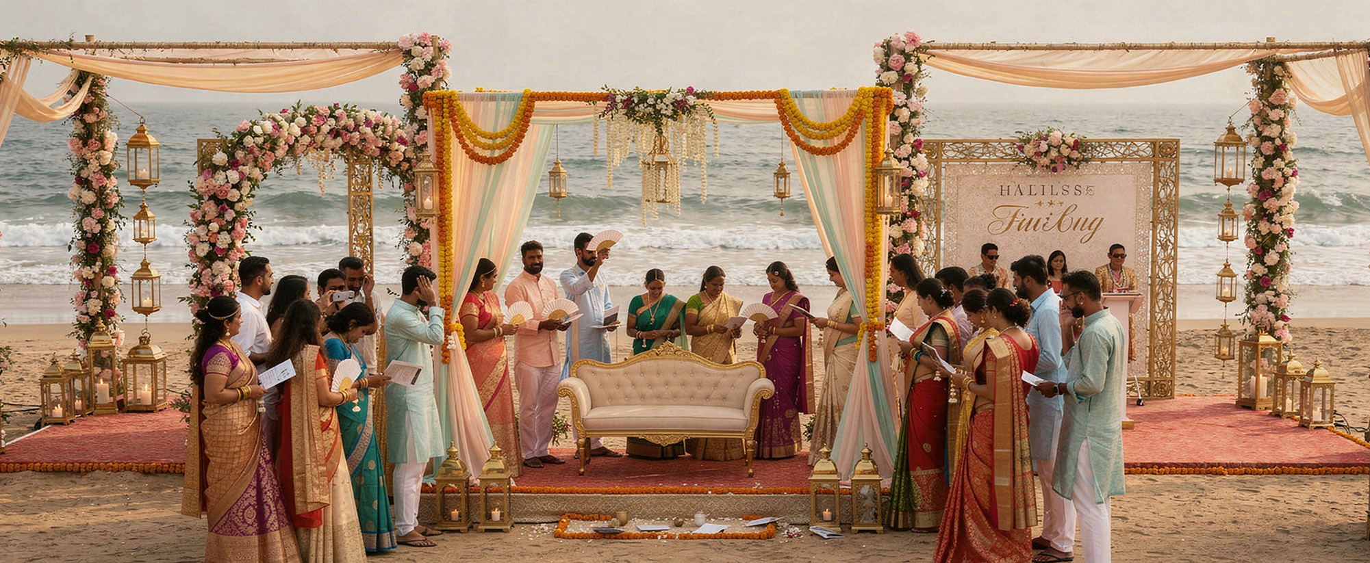 Beautiful beach wedding setup at Mahabalipuram with ocean view and floral decorations