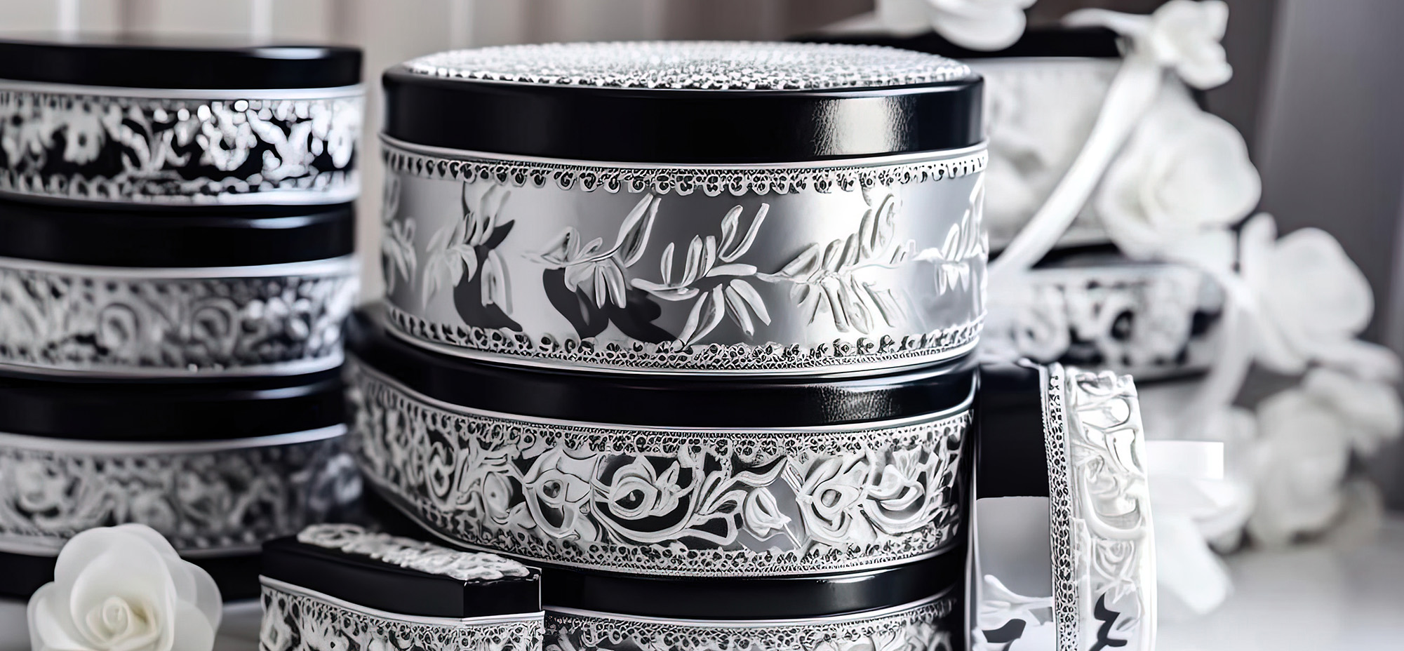 Elegant silver return gifts displayed on wedding table with traditional Indian decorations
