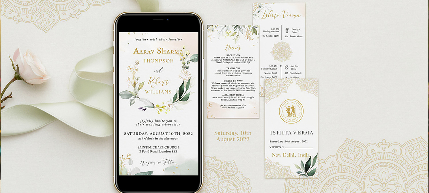 Collage of modern wedding e-invite designs showing minimalist, animated, and traditional Indian digital invitations on smartphones
