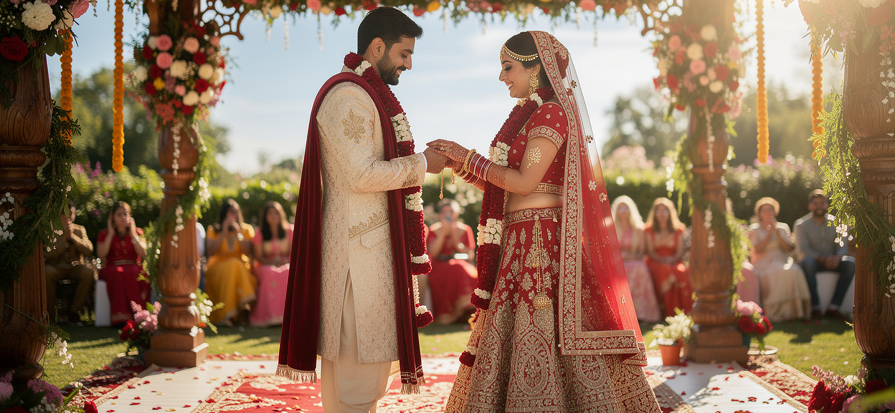 Elegant bride and groom holding perfume bottles with wedding flowers and decorative elements