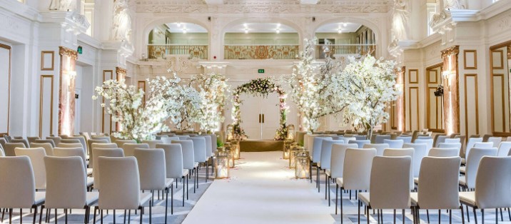 Elegant wedding hall setup for 200 guests in Chennai with traditional decorations