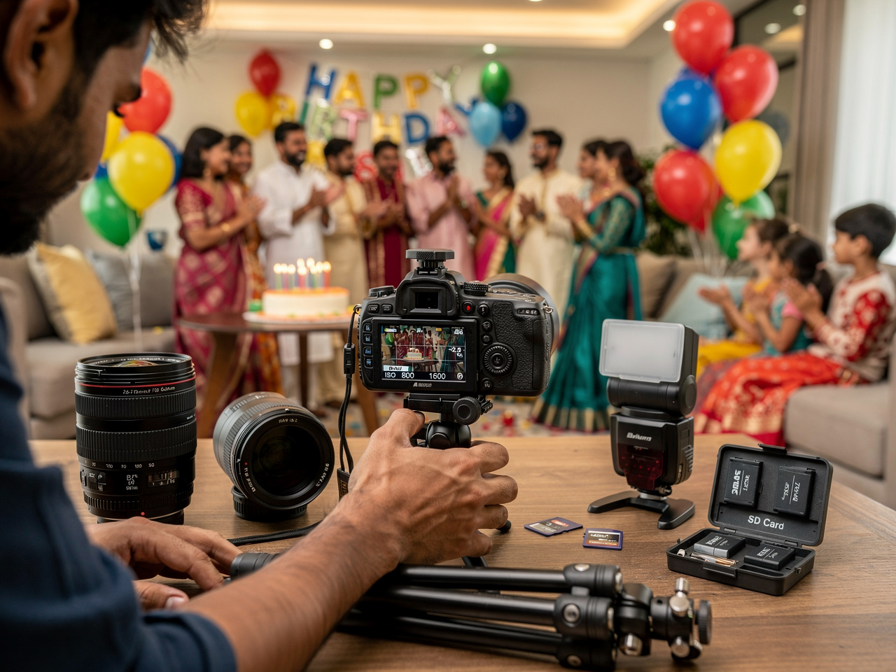 Professional camera equipment setup for birthday party photography including lenses and lighting gear