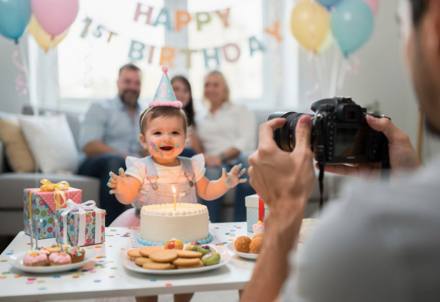 Professional photographer capturing beautiful birthday party moments with family and friends celebrating