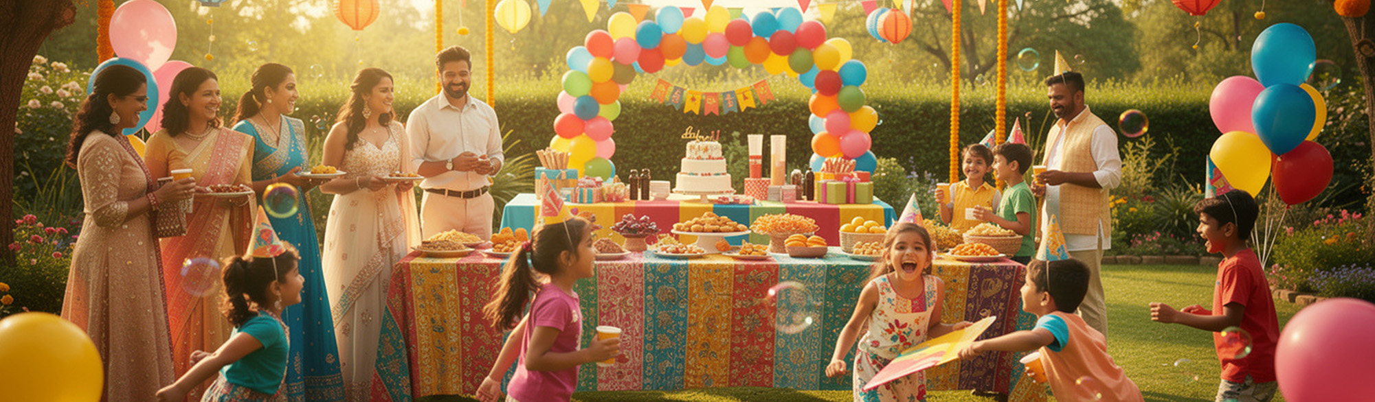 Colorful birthday party decorations with balloons, confetti and themed party elements for kids and adults
