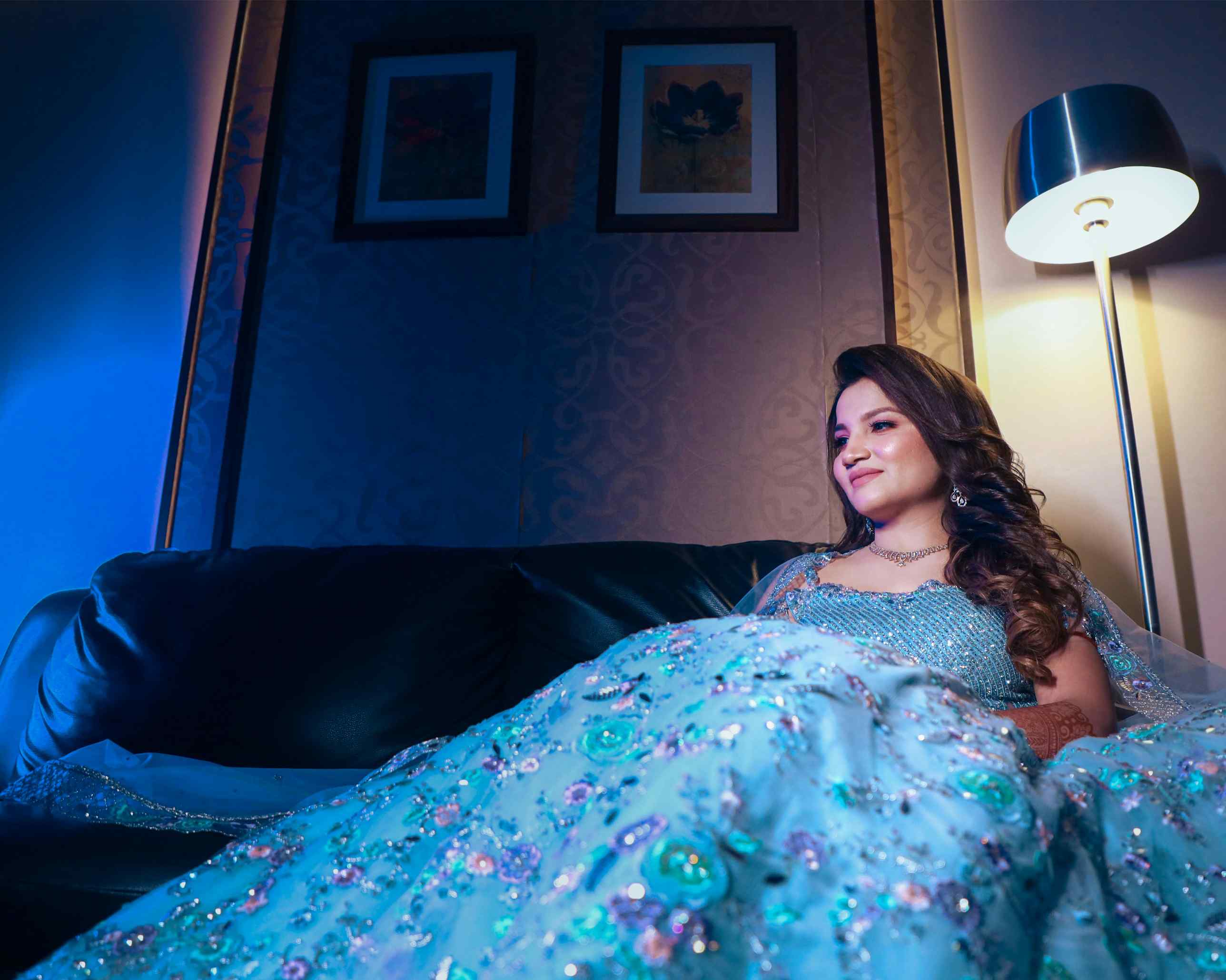 Stylish pre-wedding and reception outfits displayed with modern accessories
