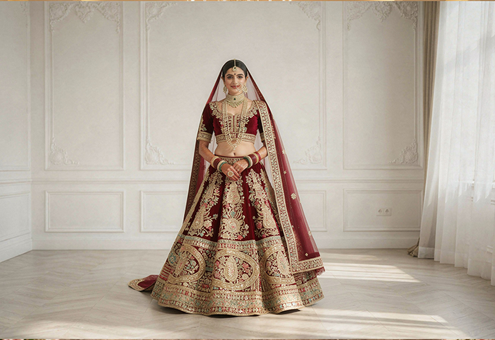 Bridal lehenga showcasing beautiful regional fusion with mixed cultural embroidery
