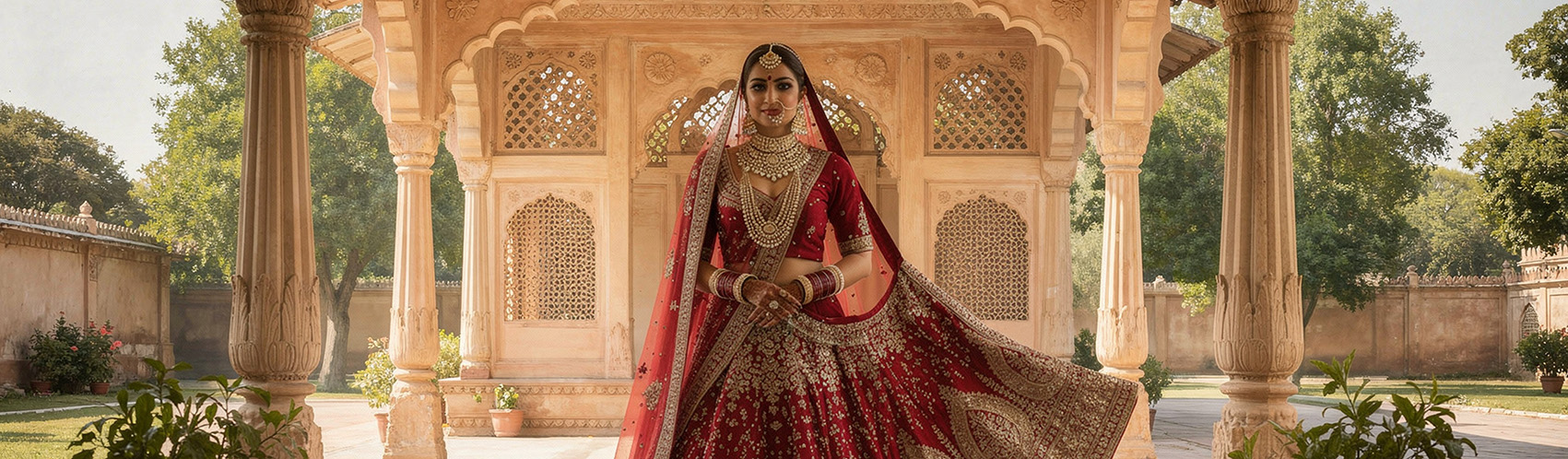 Beautiful bride wearing trending 2026 bridal lehenga with intricate embroidery and modern silhouette