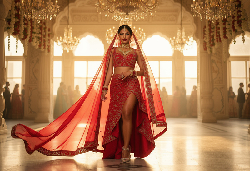 Bride wearing contemporary asymmetrical lehenga with cape-style dupatta