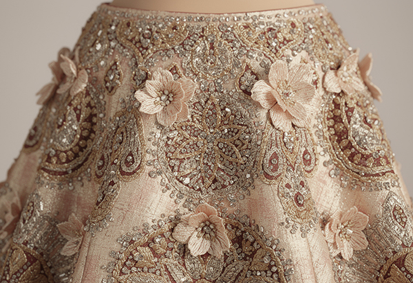 Close-up of innovative 3D embroidery and mixed-media embellishments on bridal lehenga