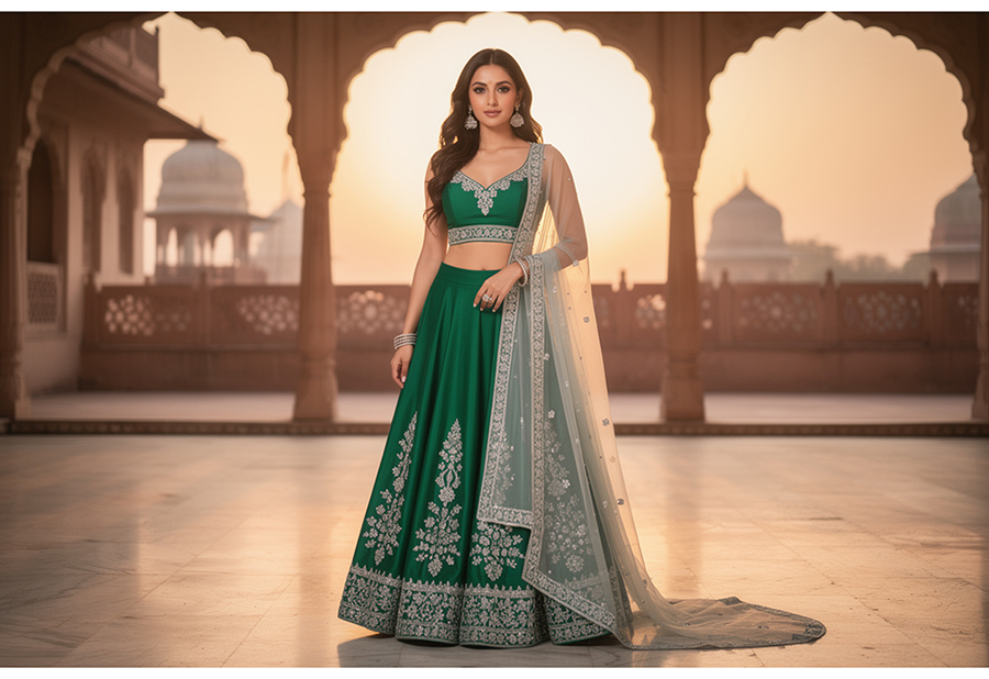 Modern crop top lehenga with high-waisted skirt and intricate embroidery