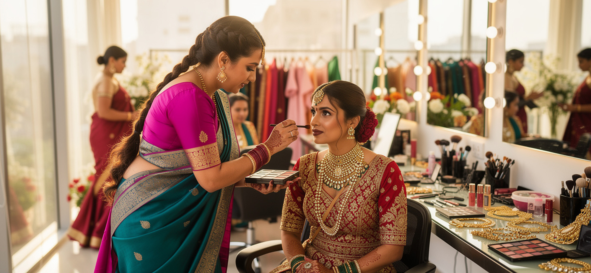 Professional bridal makeup artist applying makeup to bride in elegant Indian wedding setting
