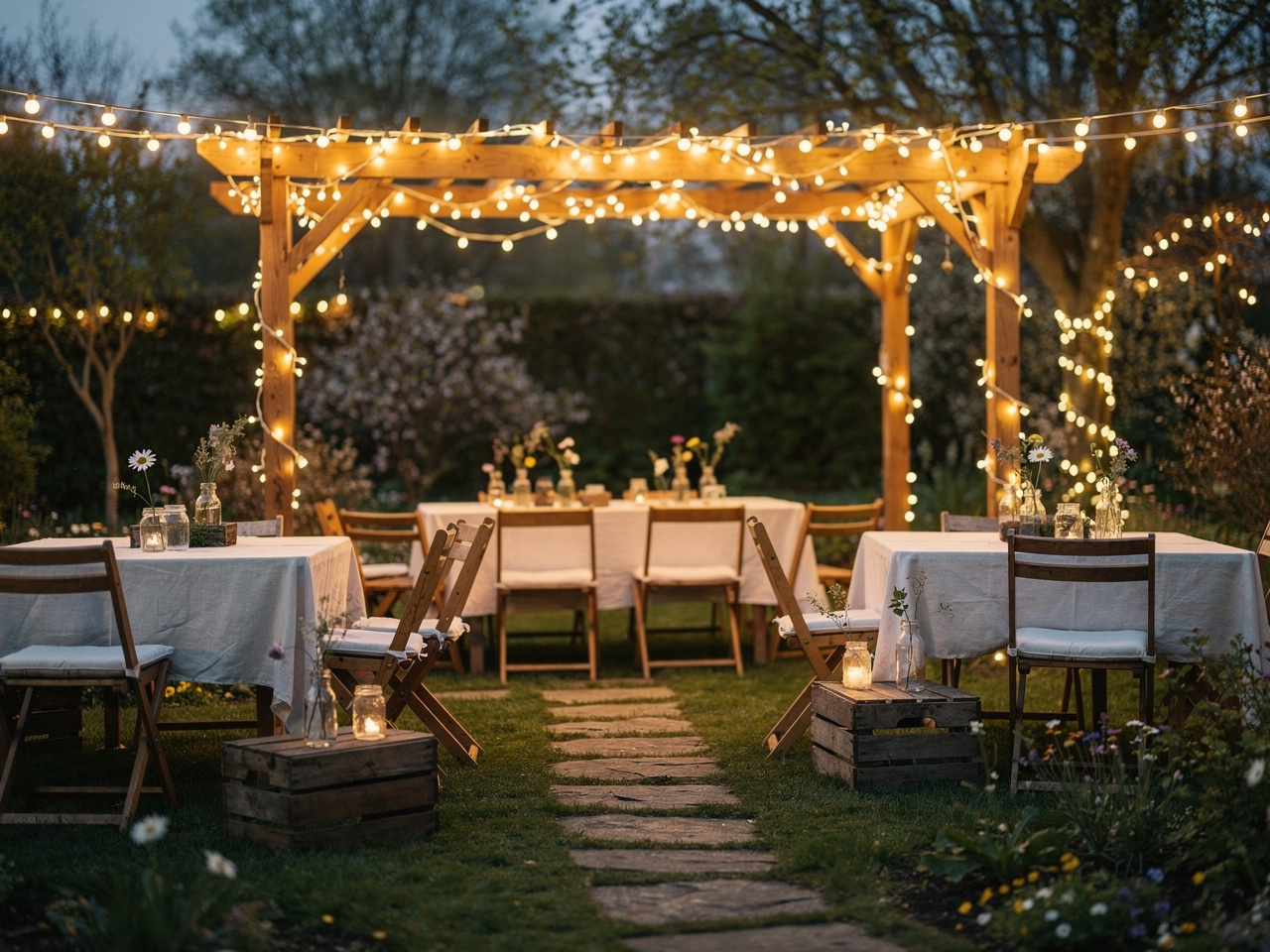 Beautiful outdoor garden venue setup for budget-friendly party planning with string lights and simple decorations