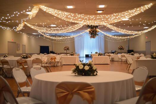 Community hall transformed into elegant party venue with DIY decorations and budget-friendly setup