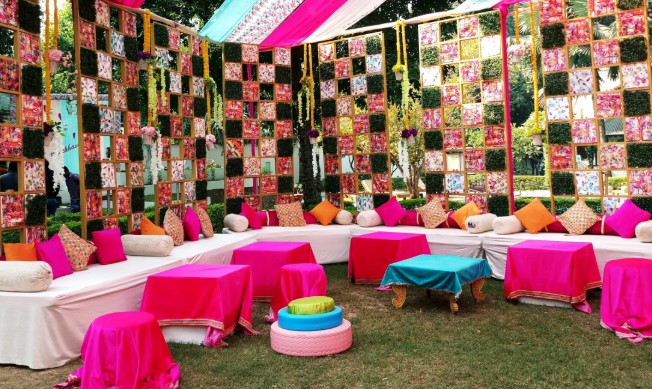 Beautiful budget haldi ceremony setup in Chennai with marigold decorations