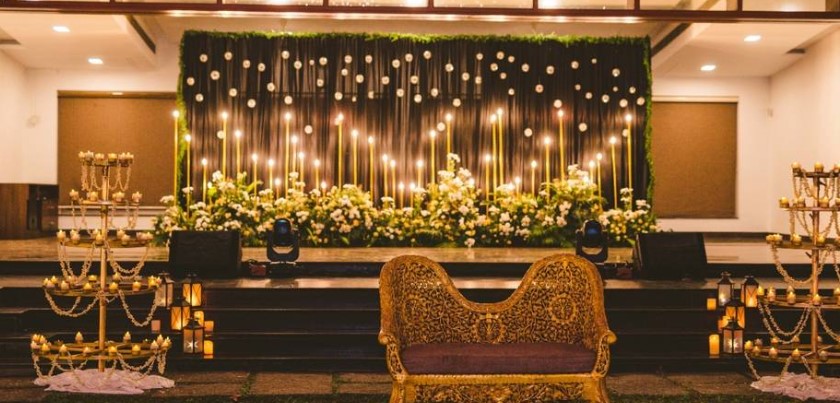 Budget wedding halls for 500 guests in Chennai decorated with flowers and lights for a South Indian wedding