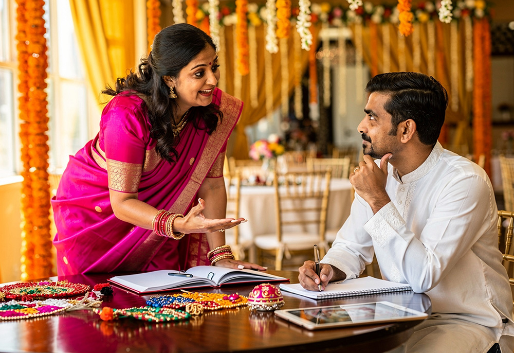 Professional meeting between wedding planners and vendors discussing partnership terms