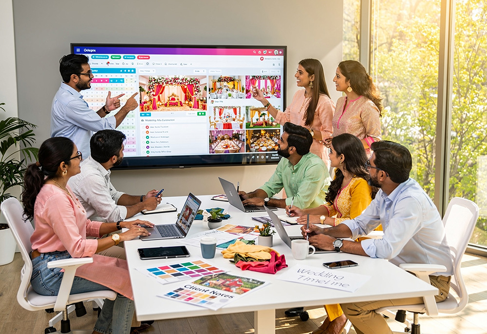 Team meeting with wedding planners and vendors using digital collaboration tools