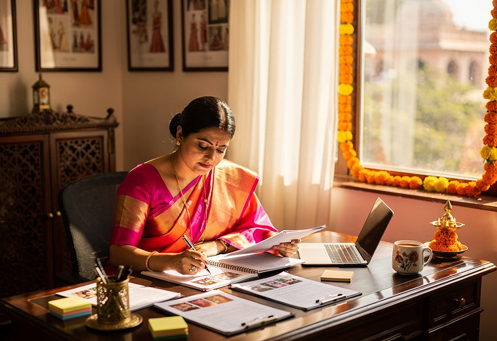 Wedding planner reviewing vendor portfolios and contracts for partnership evaluation