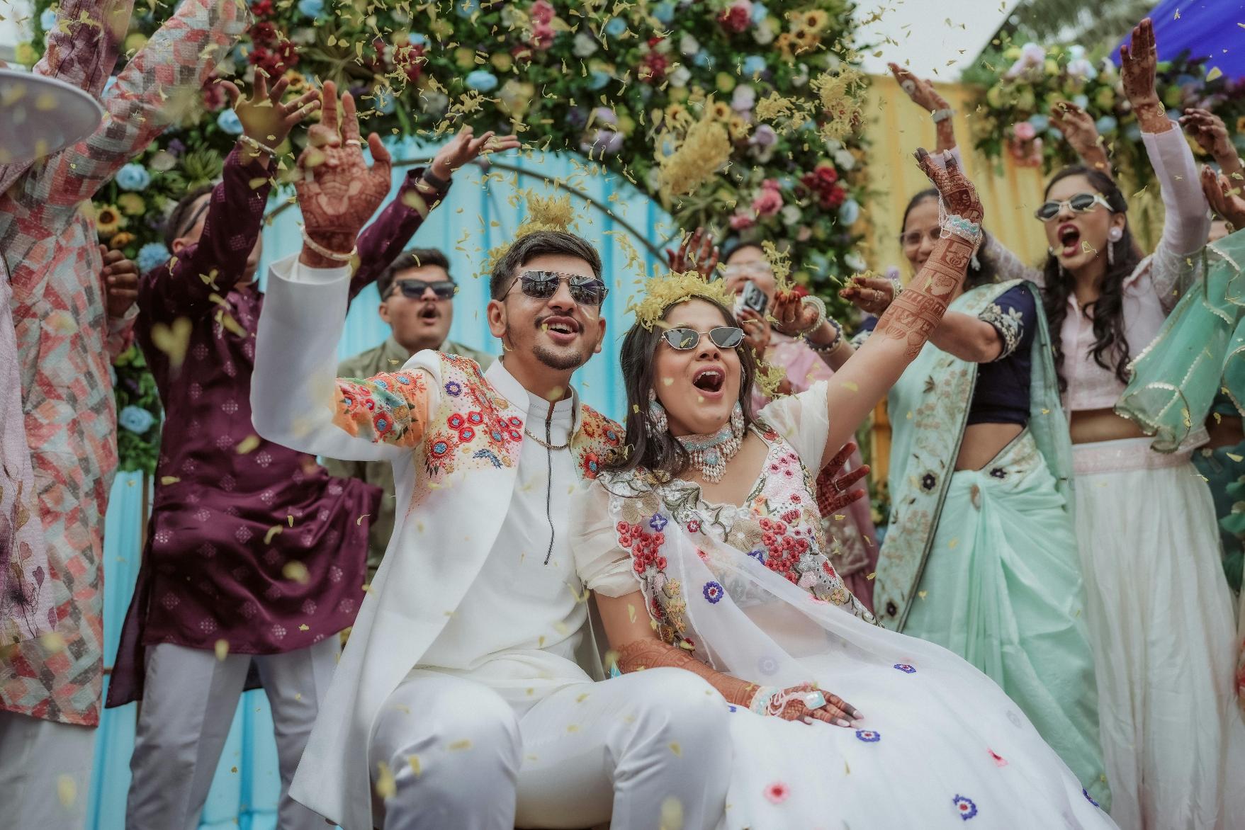 Elegant Indian wedding family styling with coordinated outfits for bride, groom and relatives