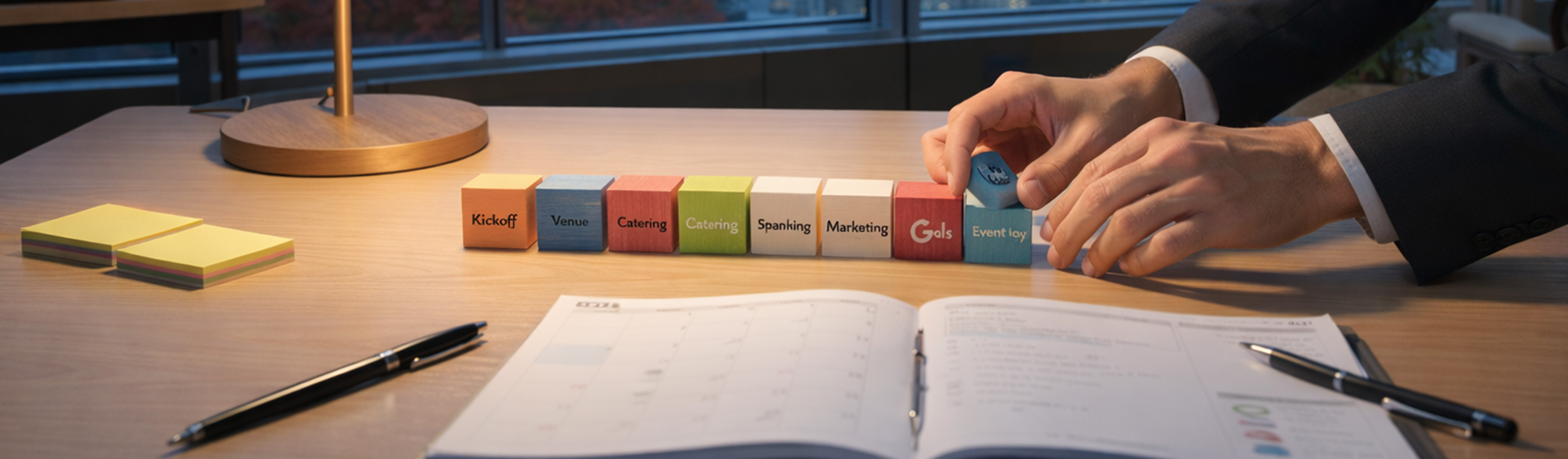 Professional corporate event timeline planning meeting with charts and calendars