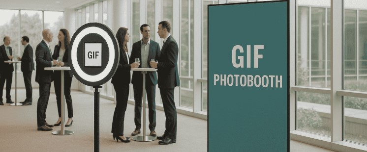 Corporate photo booth Chennai setup at a professional office event with branded backdrop and instant prints