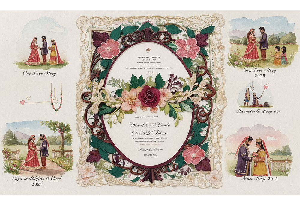 Beautiful watercolor illustration wedding invitation showing couple's love story timeline