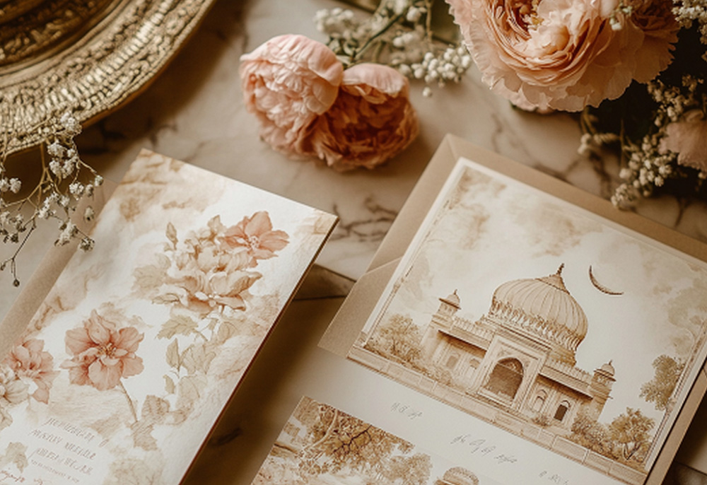 Collection of acrylic and wooden wedding invitations with modern calligraphy