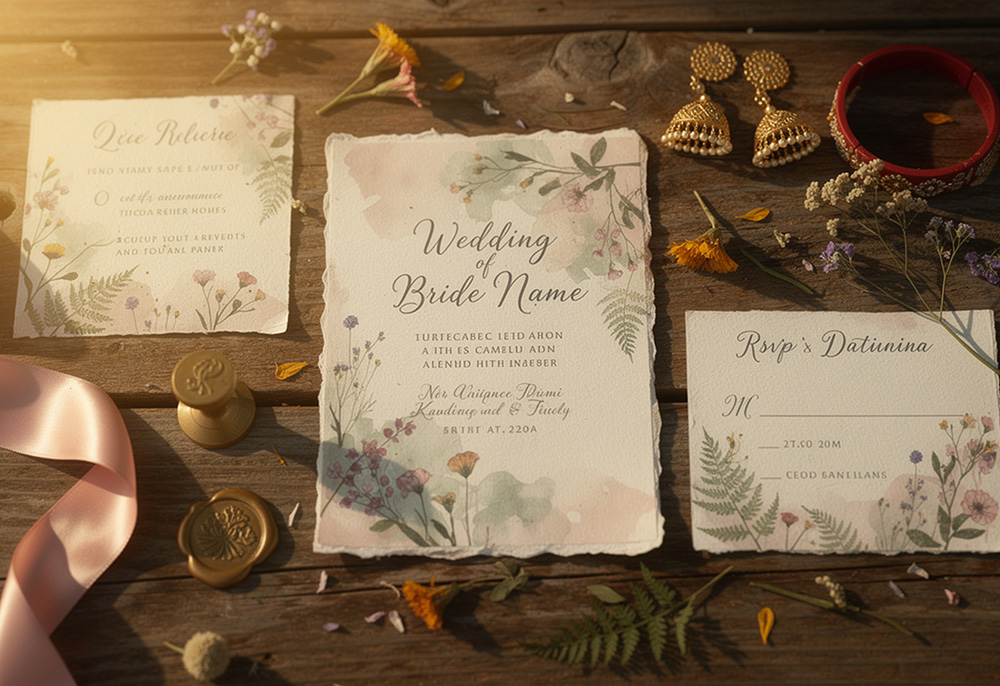 Elegant botanical wedding invitations with pressed flowers and watercolor elements