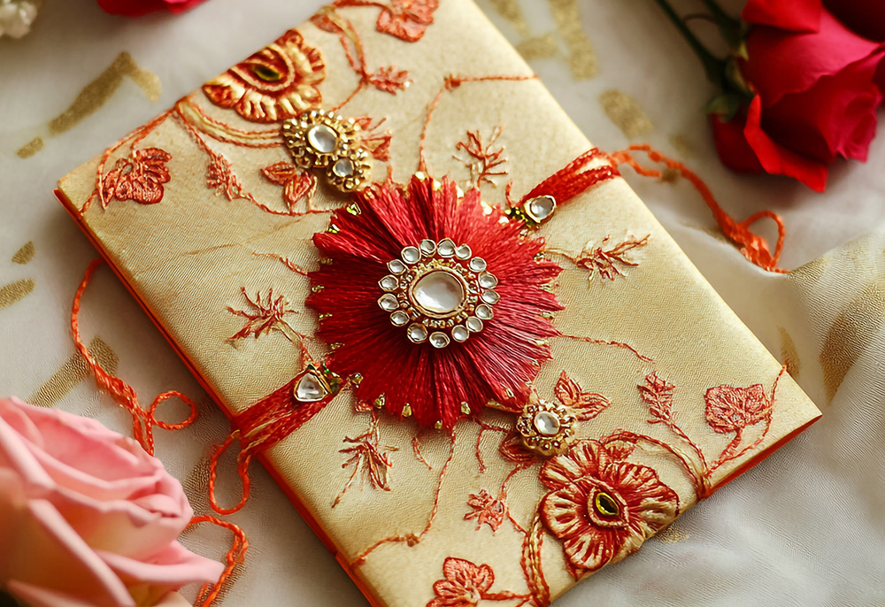 Elegant fabric wedding invitations with silk ribbon and traditional Indian motifs
