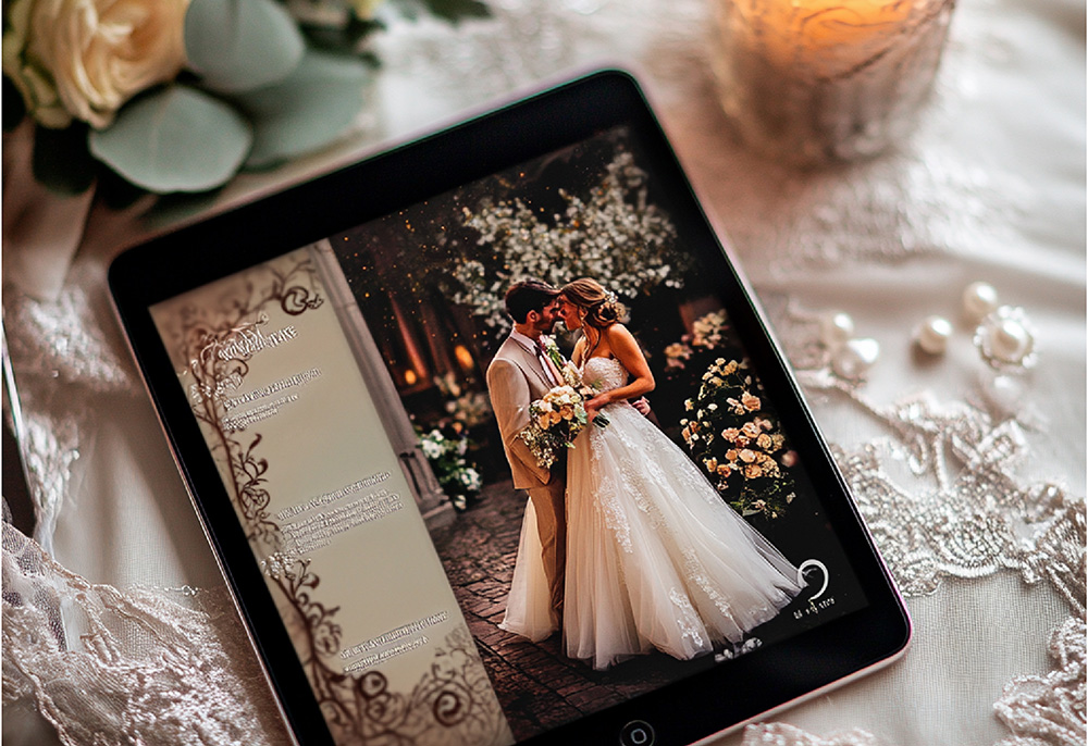 Modern tablet displaying an interactive digital wedding invitation with video and animation elements
