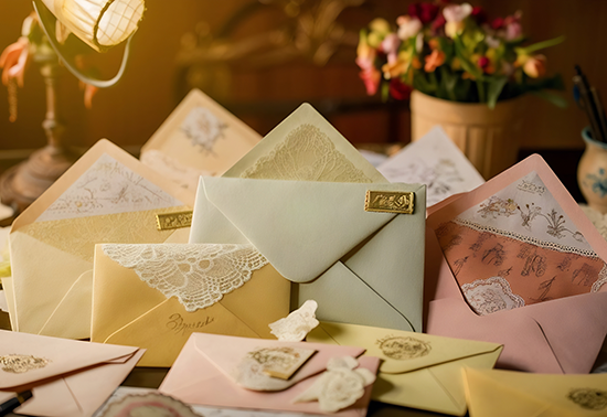Collection of traditional wedding invitation accessories including RSVP cards and envelope liners