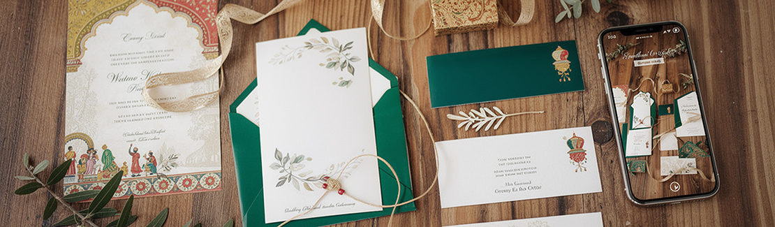 Split image showing elegant traditional paper wedding invitation and modern digital wedding invitation on smartphone