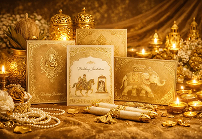 Elegant traditional Indian wedding invitation with gold foiling and intricate border designs
