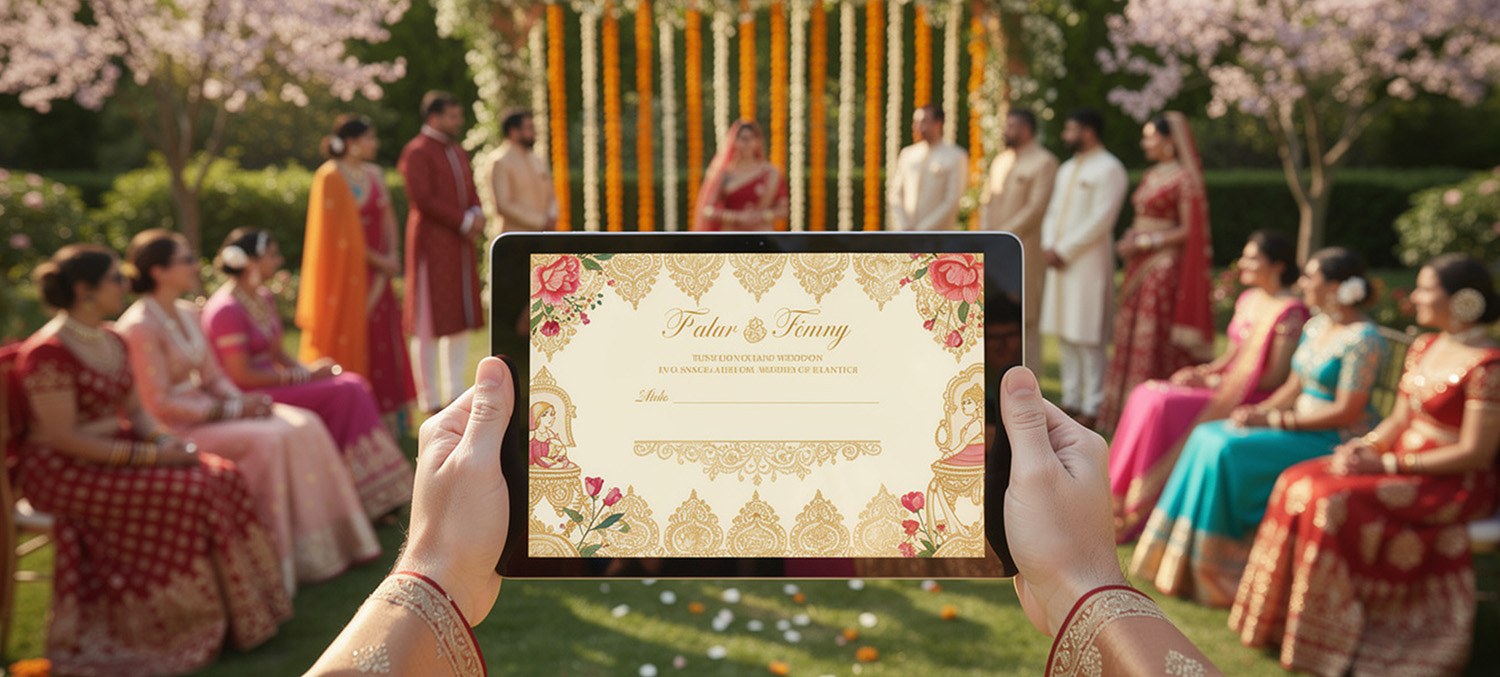 Elegant digital wedding invitation displayed on smartphone with traditional Indian design elements