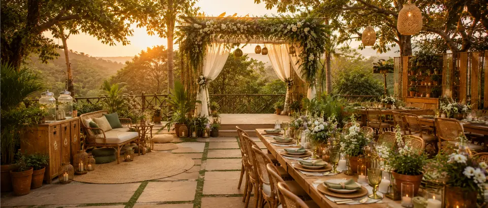 Eco-friendly event ideas with sustainable decor, green wedding setup, and nature-inspired celebrations