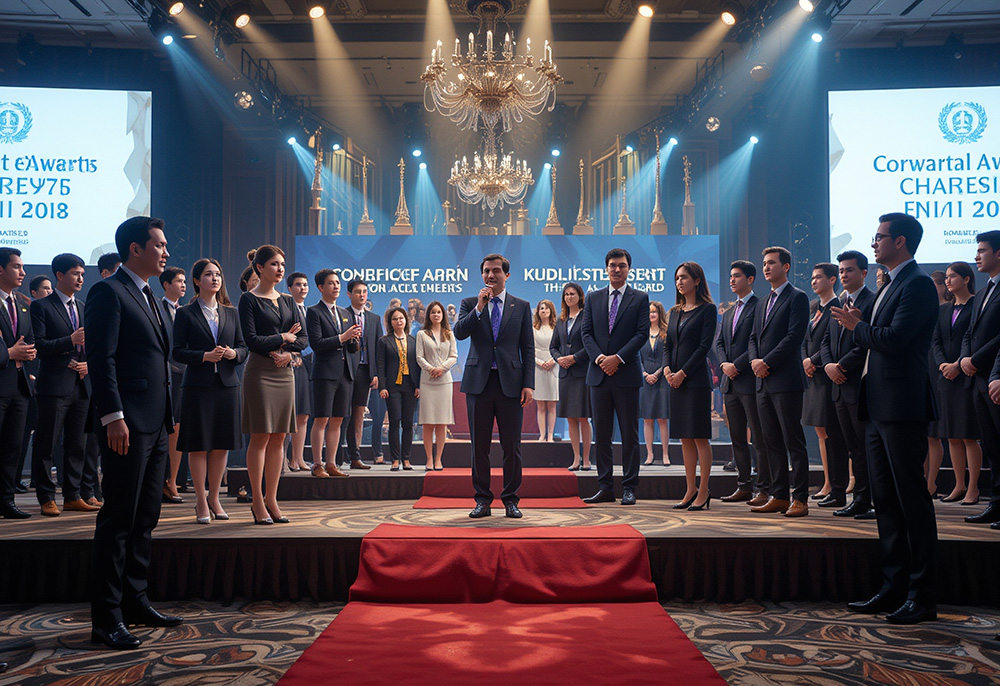 Company executives presenting personalized awards to employees in beautifully decorated venue setting