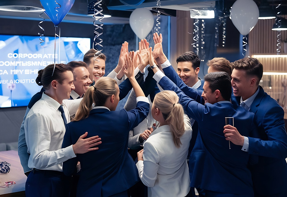 Professional team celebrating achievements at elegant corporate recognition event with awards and applause