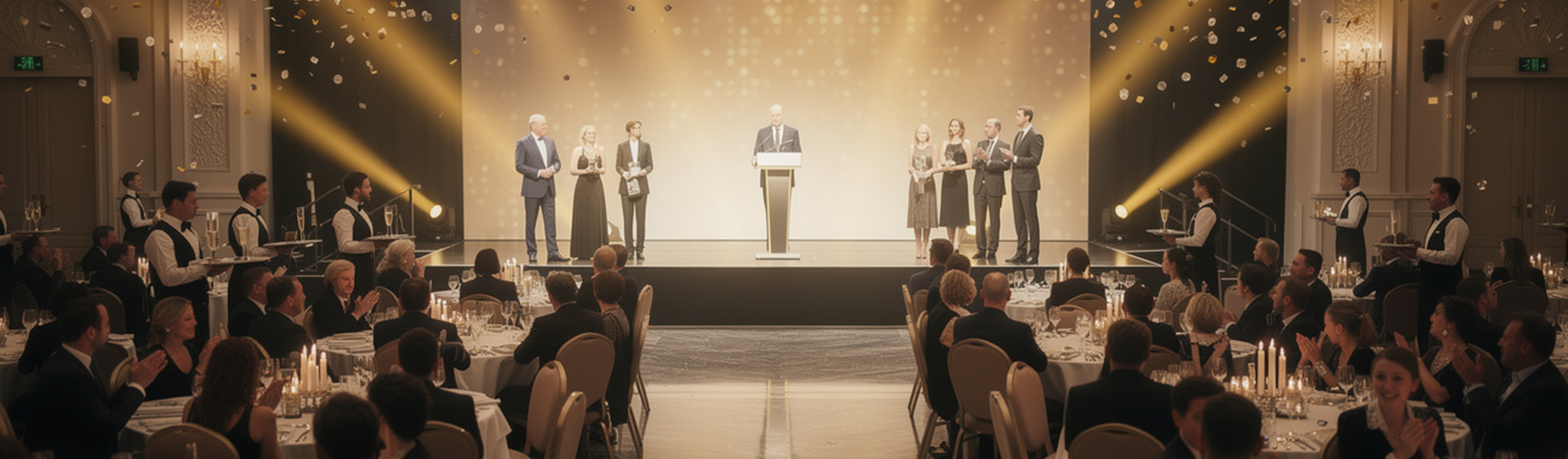 Elegant corporate employee recognition event setup with awards ceremony stage and celebration decorations