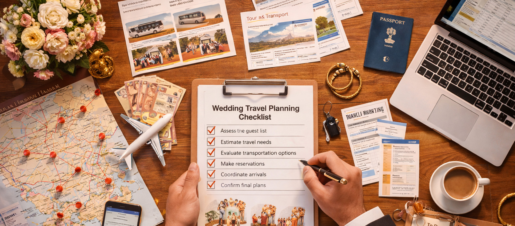 Couple planning wedding travel with maps, passports and wedding planning materials