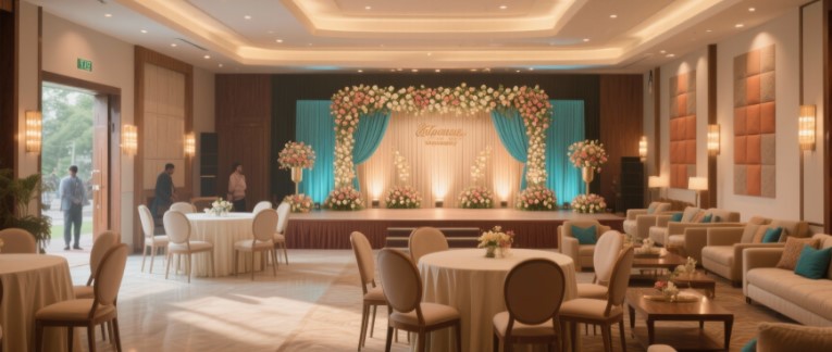 Beautiful engagement hall decorated for 100 guests in Chennai with traditional lighting
