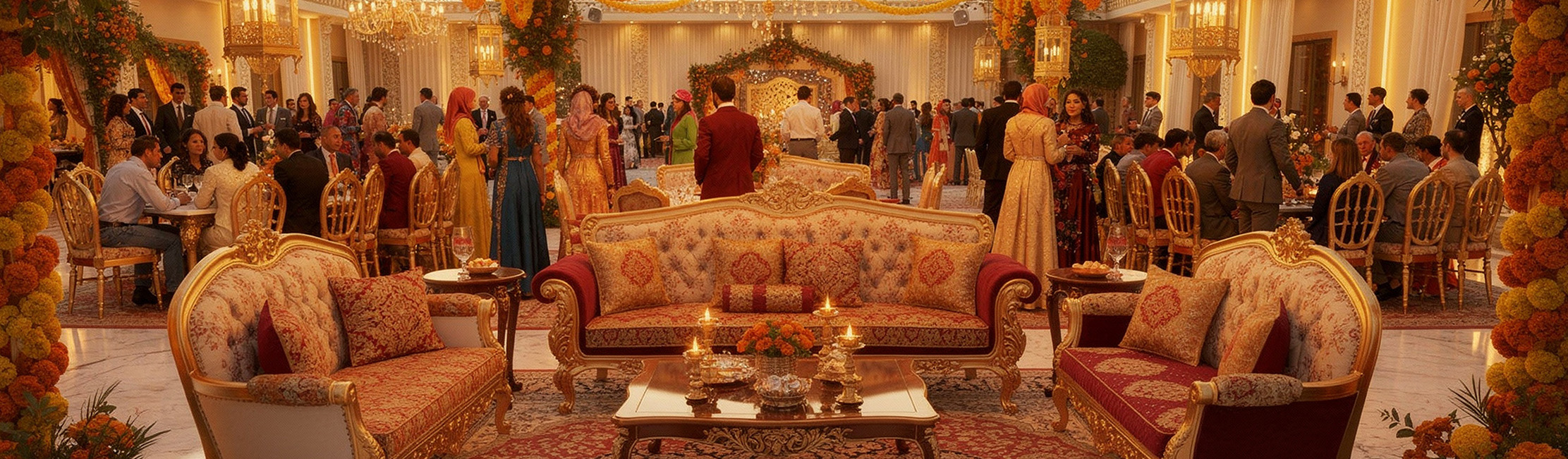 Elegant furniture setup at a large wedding venue with round tables, chiavari chairs, and decorative elements