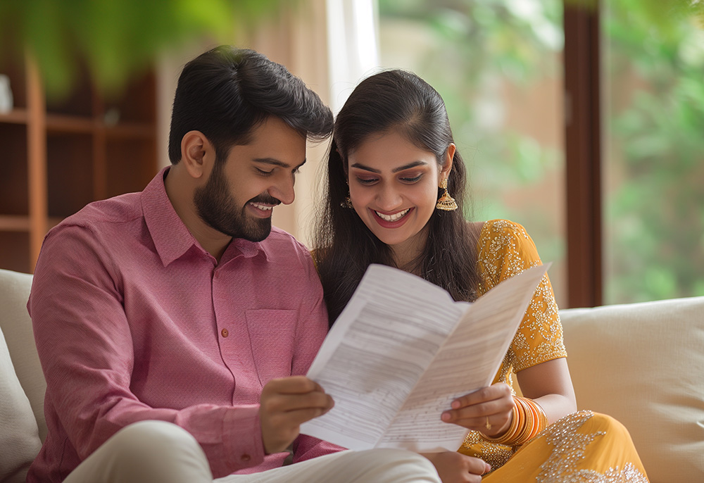 Couple discussing wedding budget with planning documents