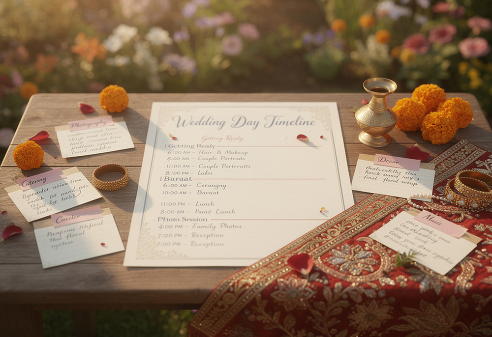 Detailed wedding day timeline schedule with vendor coordination notes