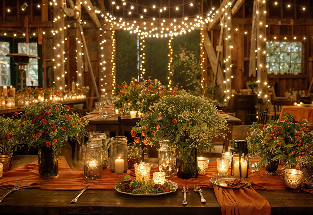 Elegant wedding venue setup with beautiful lighting and floral arrangements