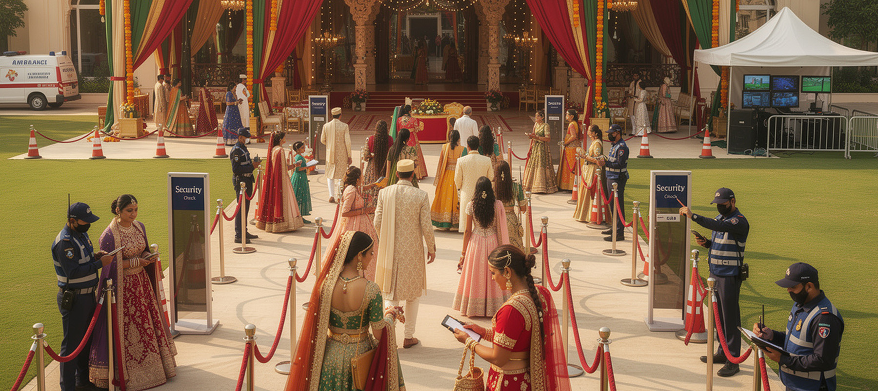 Professional security personnel managing crowd control at an Indian wedding celebration