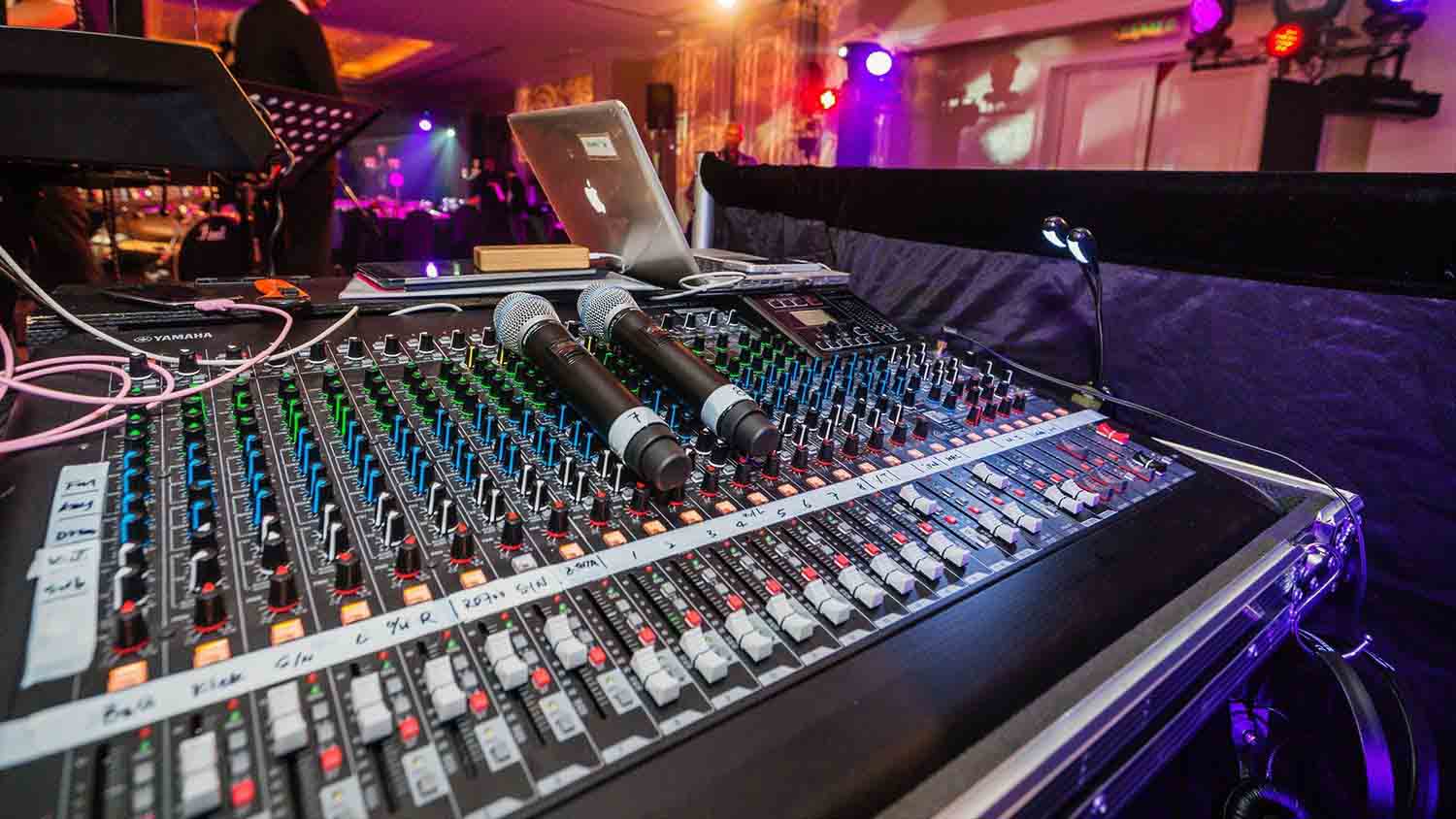 Professional event sound rental Chennai setup with speakers and mixing console at a wedding reception