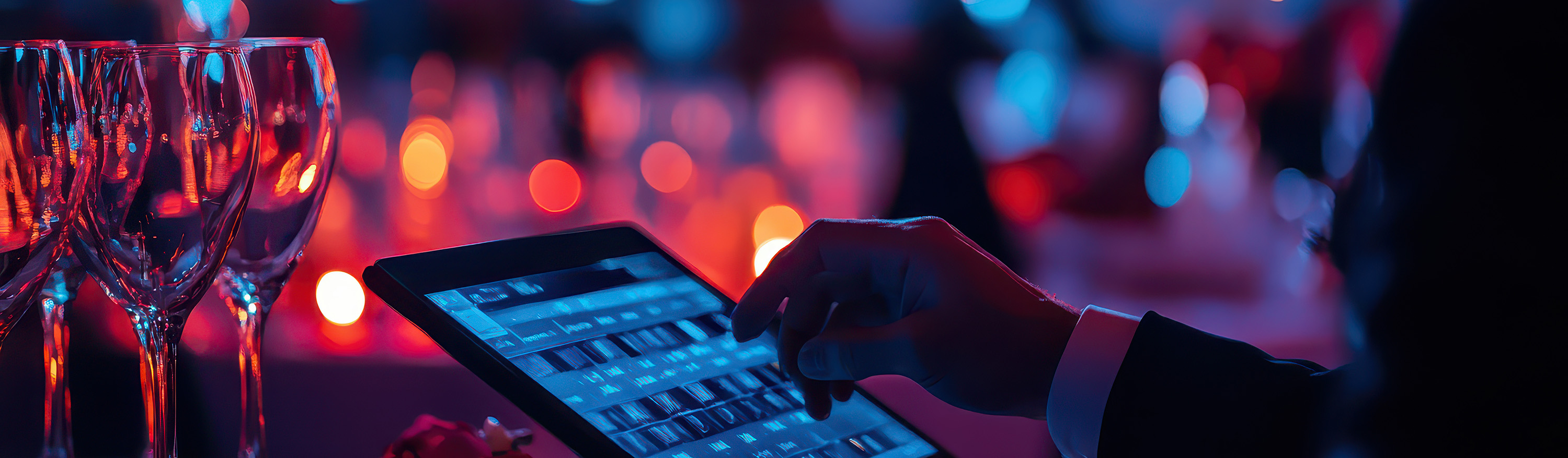 Wedding planners analyzing event technology ROI on tablets and laptops